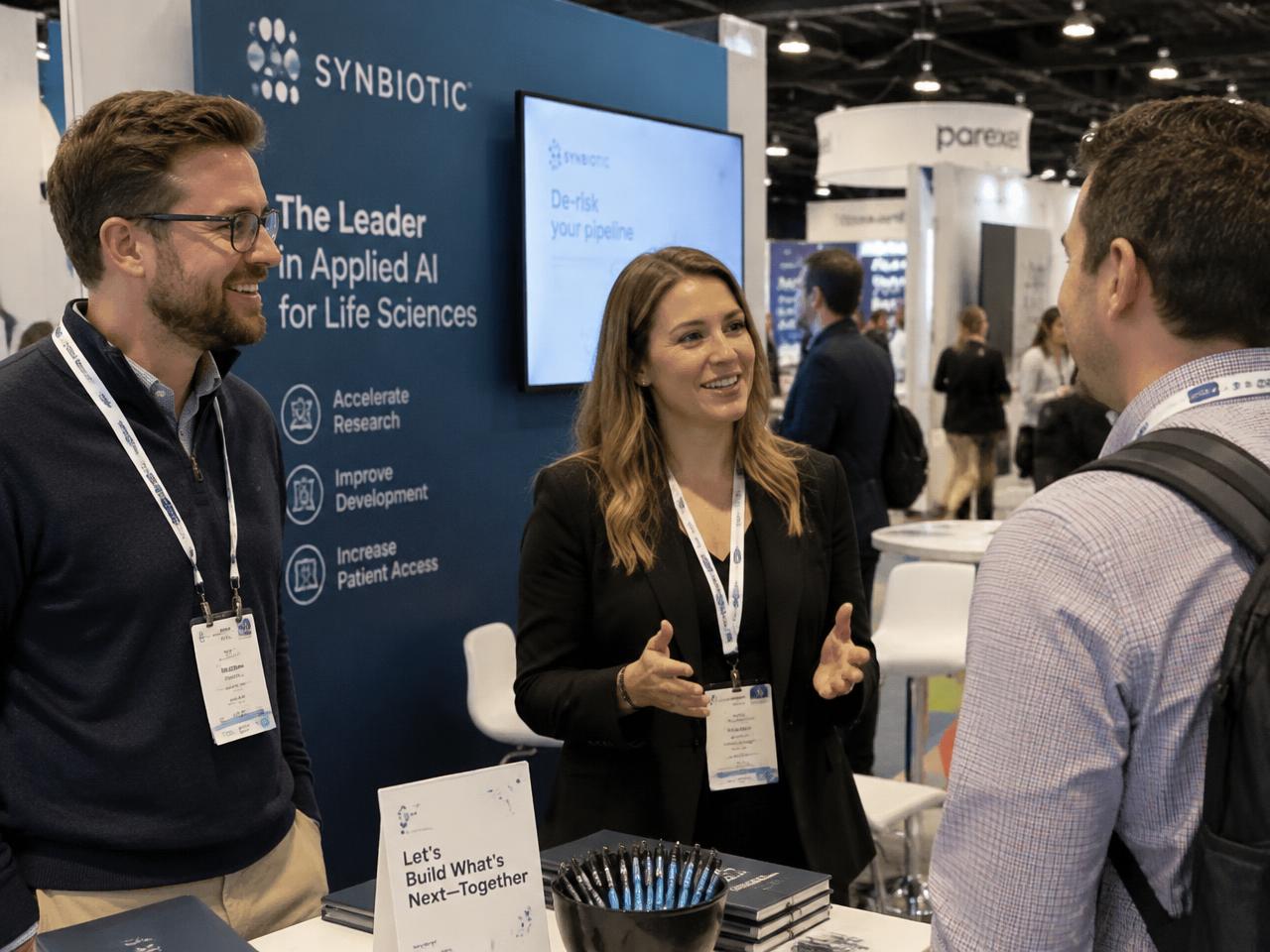 Two sales professionals talking with a visitor at a busy expo booth