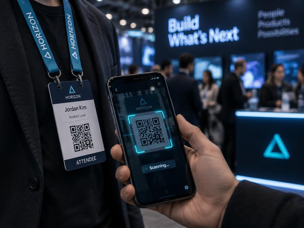 A rep scanning the QR code on a visitor's conference badge with a phone
