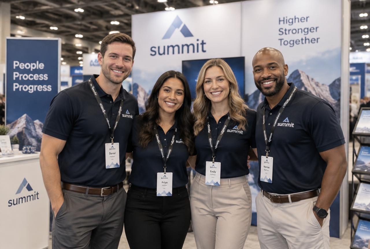 A sales team standing together in front of their trade show booth
